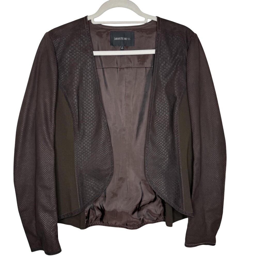 Lafayette 148 New York Jacket Womens 6 Brown Leather Animal Print Open Front
